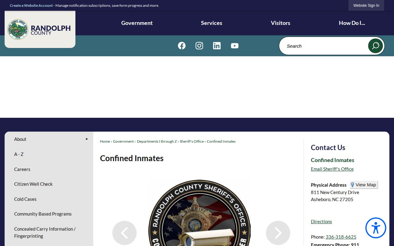 Randolph County Confined Inmates official roster landing page